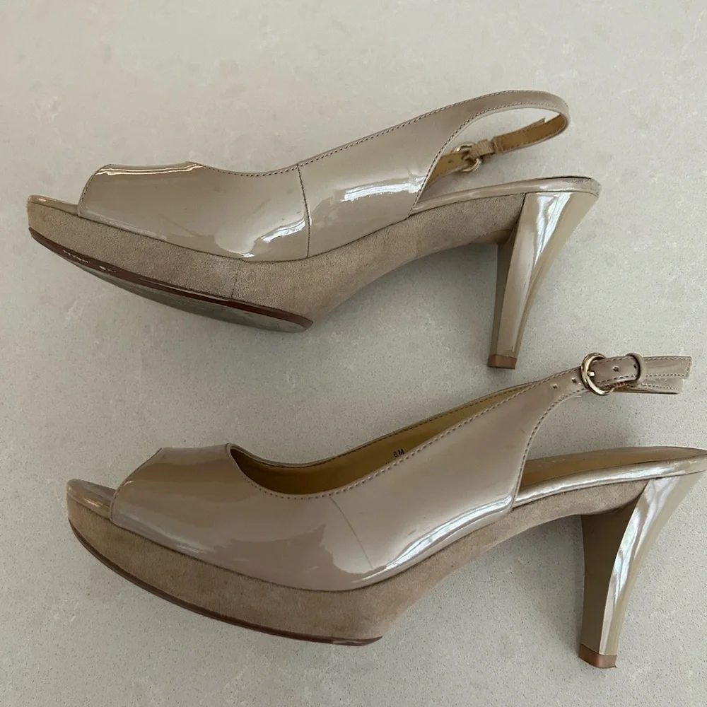 Nine west nude patent leather and suede pumps 6 open toe - Picture 3 of 4